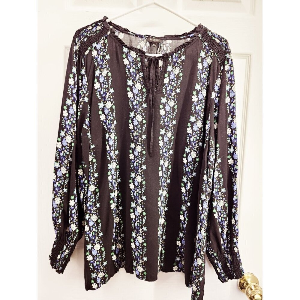Talbots Black Floral Peasant Blouse Top Womens Size 2X Smocked Cuffs Shoulders